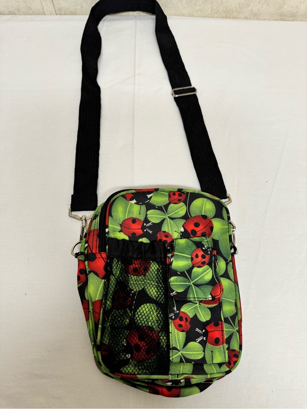 Ladybug Print Crossbody Bag in Green and Red
